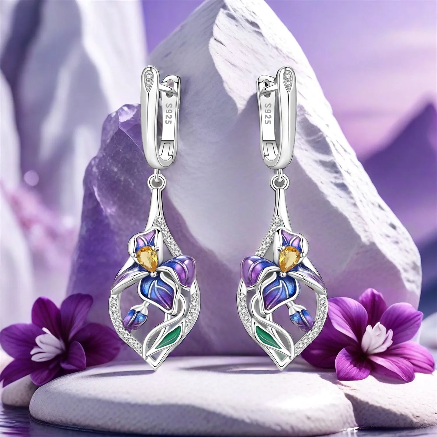 PANPOKI 925 Sterling Silver Blue Purple Iris Flower Drop Earrings Women Earrings Charm Trend Versatile Party Jewelry Gifts