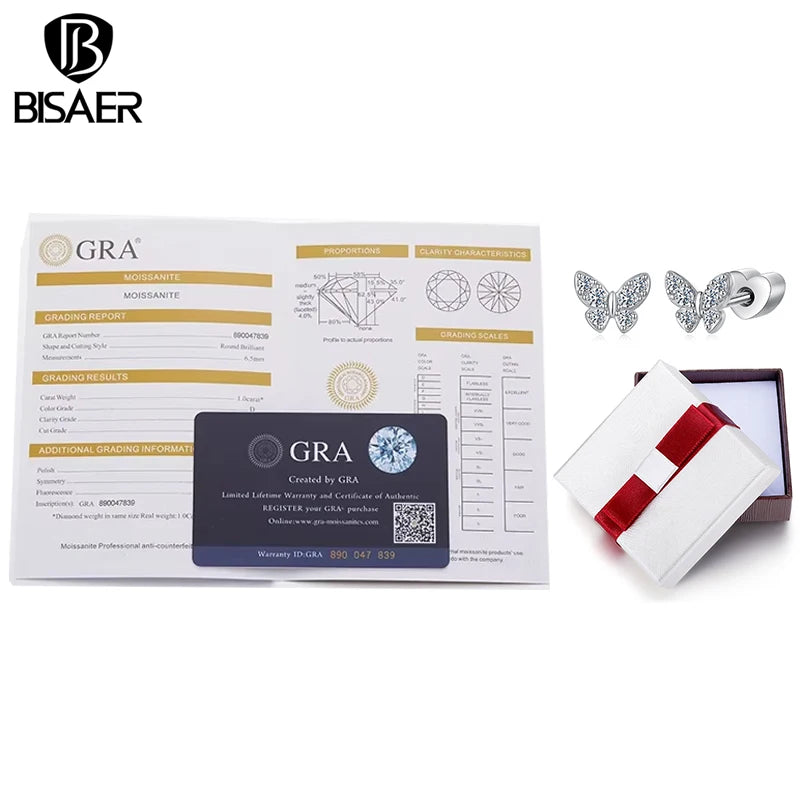 Bisaer Butterfly Moissanite Stud Earrings for Women 925 Sterling Silver VVS1 EX Delicate Lab Diamond Party Fine Jewelry Gift