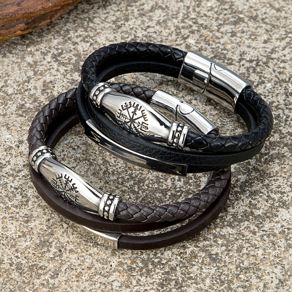 MKENDN Norse Viking Style Stainless Steel Compass Norse Runes Amulet Beads Braided Multilayer Leather Bracelet Homme Pulseras