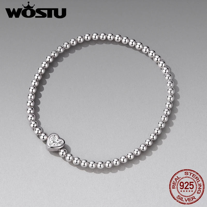 WOSTU 925 Silver Bead Bracelet with 7mm Heart Round CZ,  Adjustable Spring bangle Bracelet to 16-19cm Valentines Day Jewelry