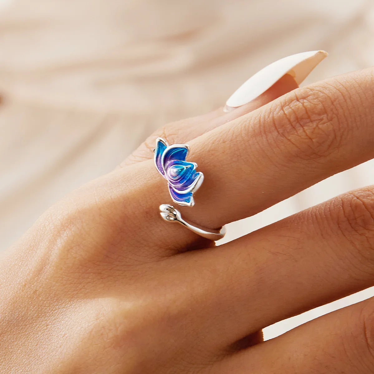 Retro Chinese Cloisonne Lotus Flower Ring For Women Punk Gothic Vintage Open Ring Handmade Designer Jewelry Unisex Accessories