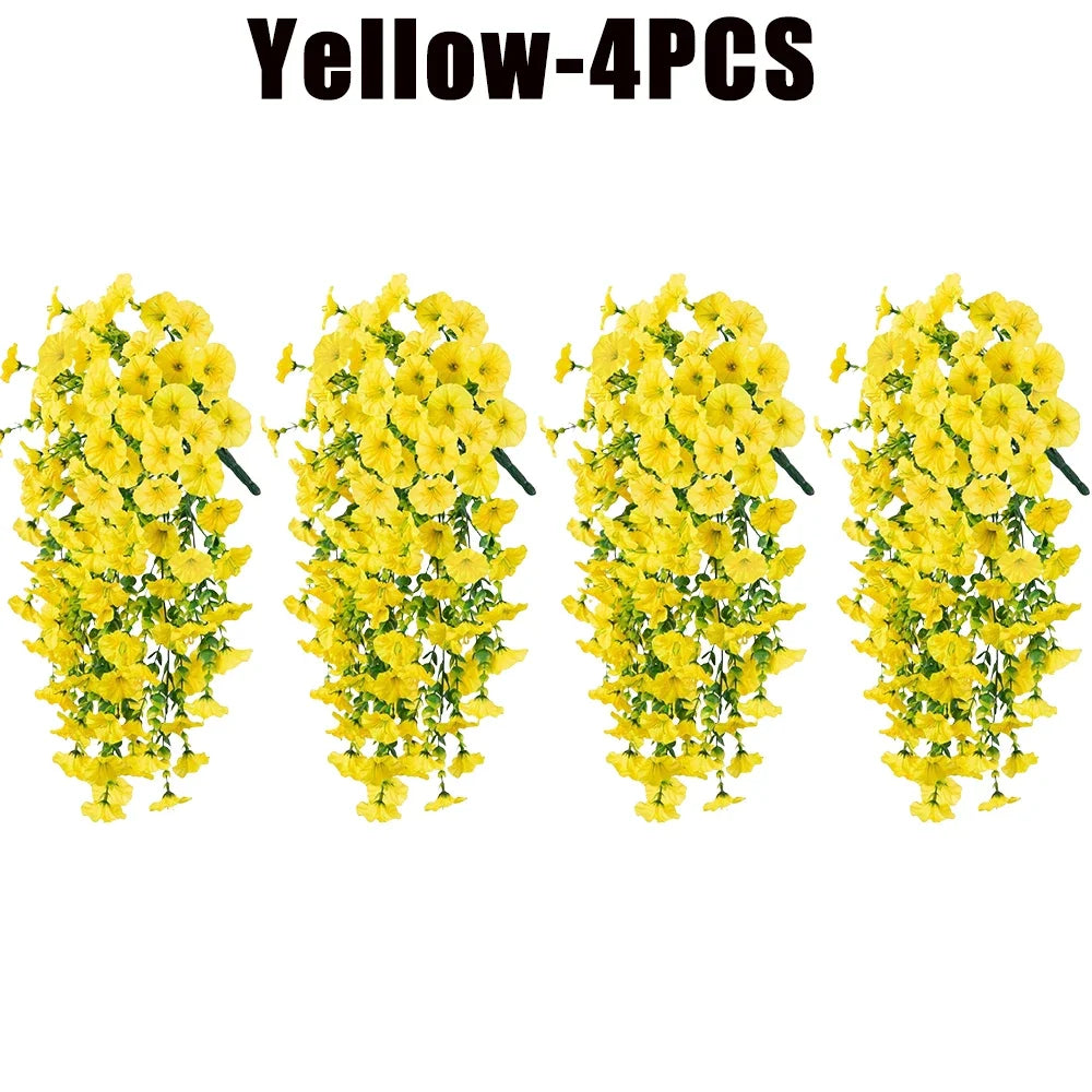 Artificial Hanging Flowers Plants Silk Morning Glory Flowers with Eucalyptus Leaves for Home Garden Porch Window Decoration