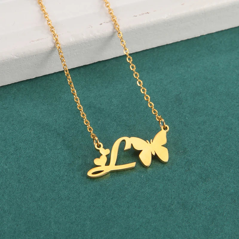 New Fashion 26 Initials Letter Pendant Butterfly Necklace for Women Elegant Stainless Steel Gold Color Necklace Jewelry Gift