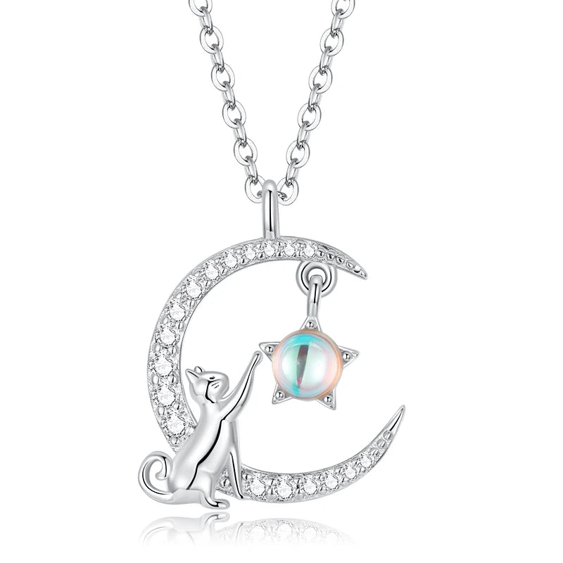 BISAER Genuine 925 Sterling Silver Cute Cat Moon Jewelry Set Animal Pendant Necklaces &Ring Original Jewelry Women Romantic Gift