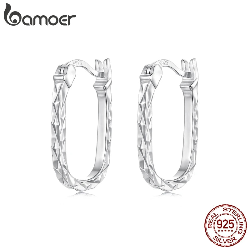 BAMOER 925 Sterling Silver Carved Floral Hoop Earrings for Women, Vintage Textured Oval Square Ear Cuff Minimalist Jewelry Gift