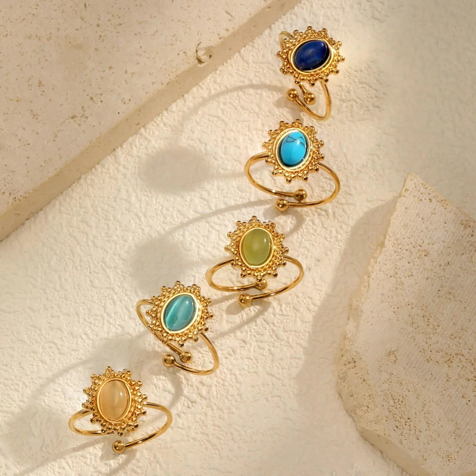 Vnox Stainless Steel Sun Turquoise Opal Rings For Women Gold Color Oval Round Opal Rings Aesthetic Ring Jewelry Wedding Party