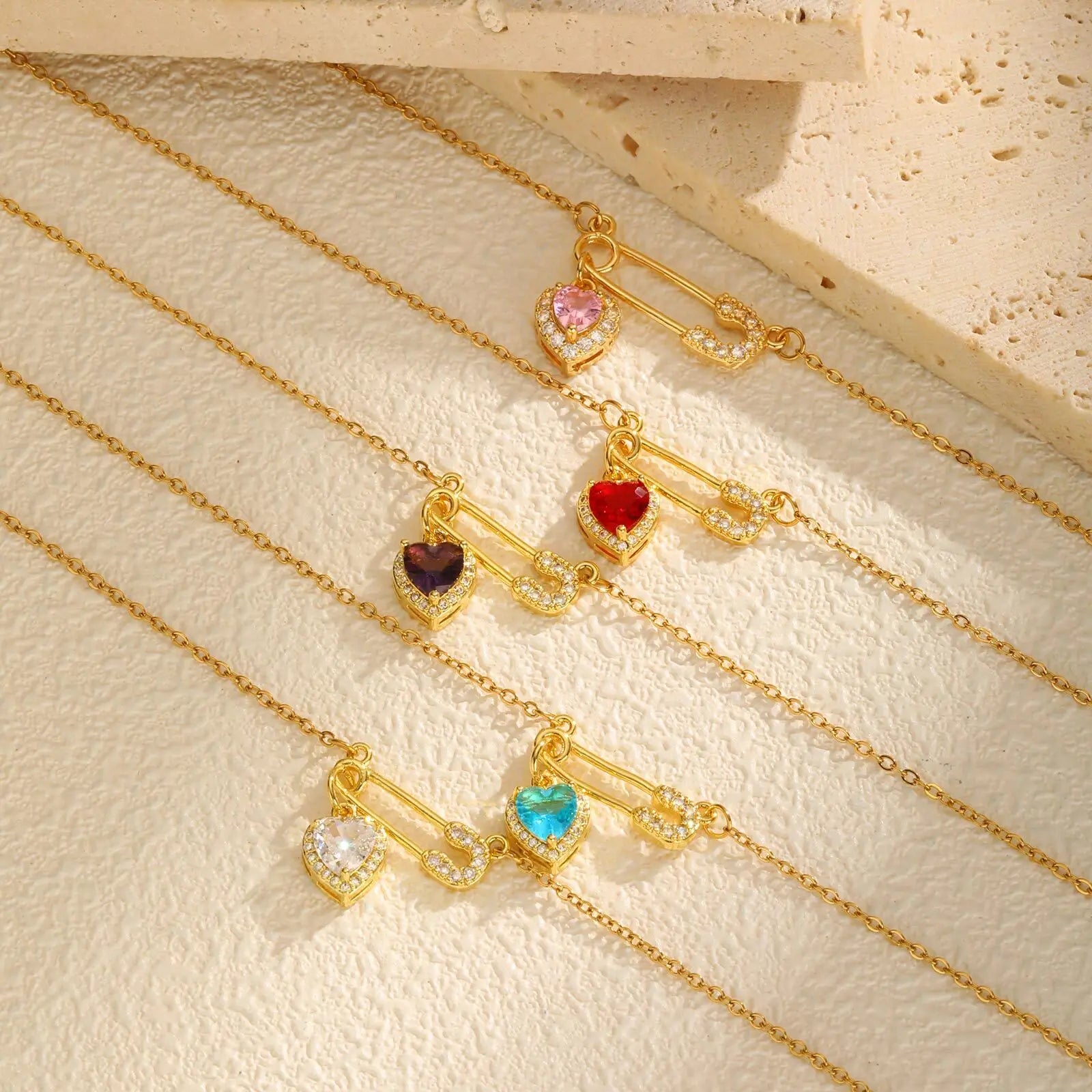 Vnox Dainty Stainless Steel Zircon Heart U-shape Necklace For Women,Creative Love Colored Stone Pendant,Aesthetic Jewelry Neck