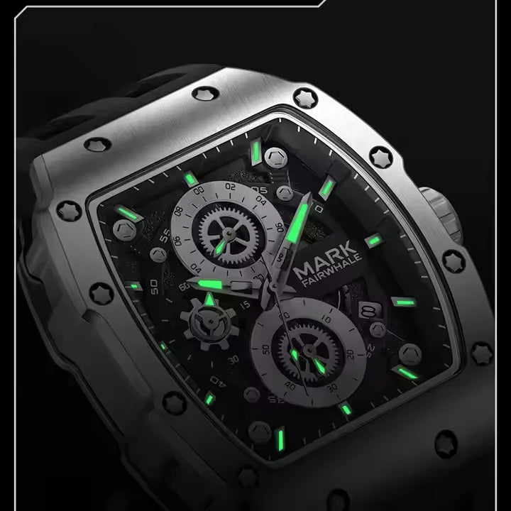 Montre homme Mark Fairwhale Sports, bracelet en silicone, style tonneau, montre de luxe multifonctionnelle étanche à quartz