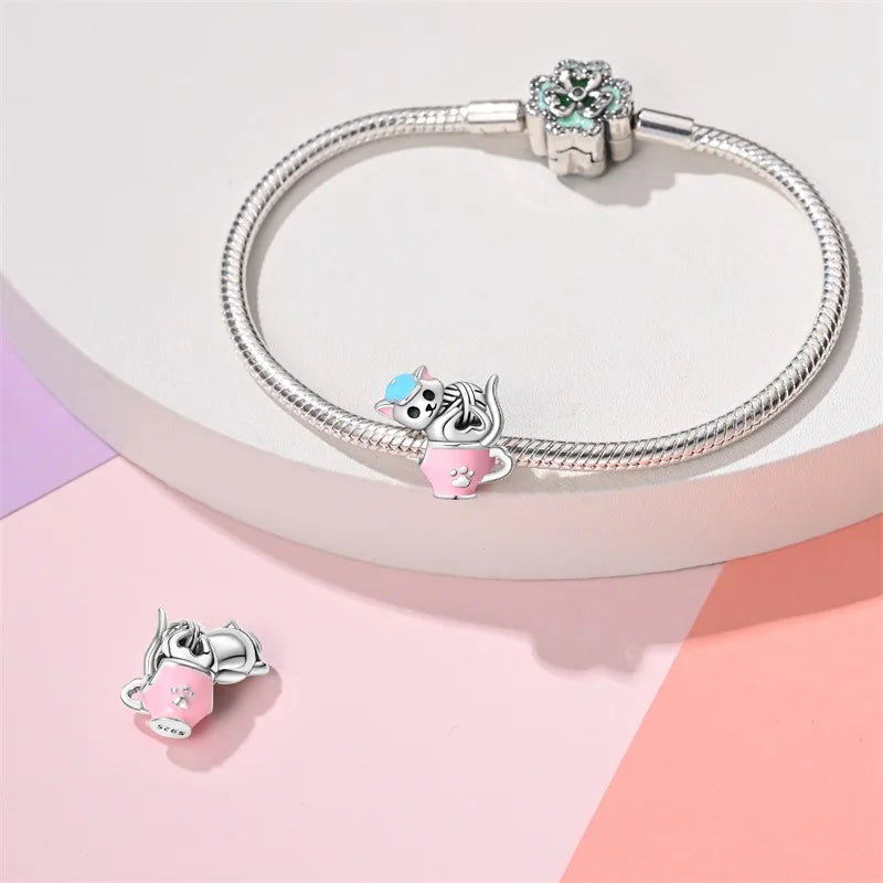 New 925 Silver Pink Rabbit Bear Cat Dog Animal Charms Beads Fit 3mm 925 Original Bracelets Fine DIY Birthday Jewelry