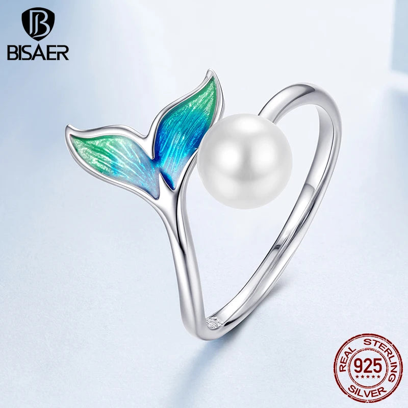 BISAER 925 Sterling Silver Mermaid Open Ring Pearl Gradient Enamel Band Plated White Gold for Women Party Original Fine Jewelry