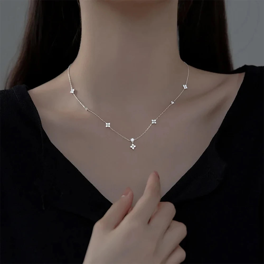 Serenity D Moissanite Necklace for Women Gift Solid 925 Silver Sparkling Lab Diamond Four Leaf Clover Pendant Neck Chain Jewelry