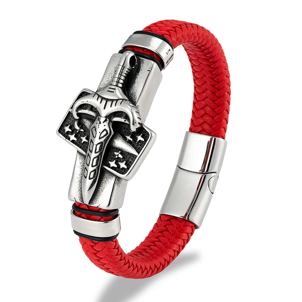 MKENDN Viking Style Men Braided Genuine Red Leather Bracelet Warrior's Sword Stainless Steel Magnetic Buckle Homme Pulseras