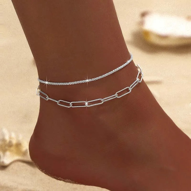 Silver Color Double Layer Shiny Chains Anklets For Women Heart Cross Geometric Pendant Foot Leg Barefoot Bracelet Charm Jewelry