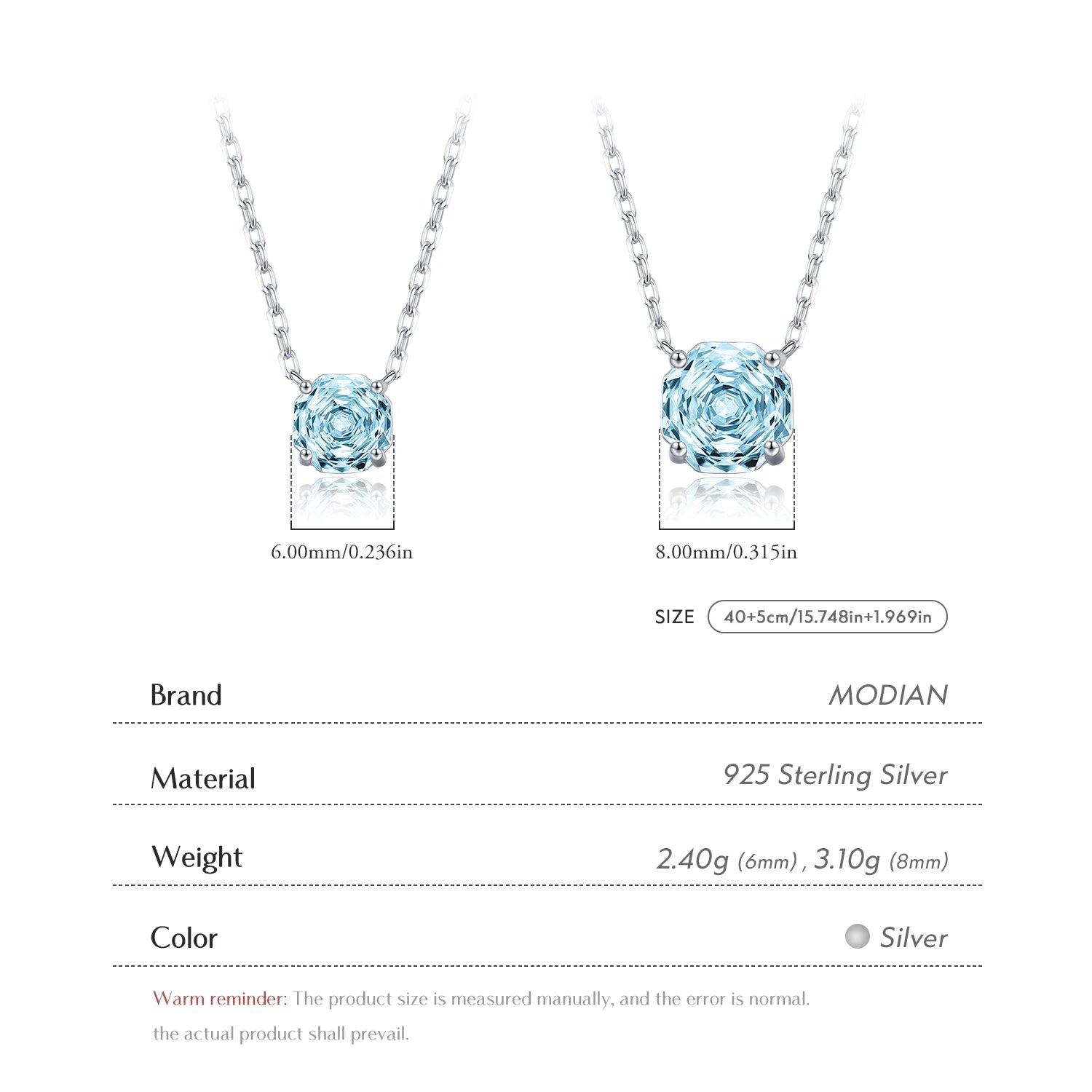 MODIAN 925 Sterling Silver Charming Octagon Sea Blue Rose Cut CZ Pendant Necklace For Women Hypoallergenic Jewelry Gifts