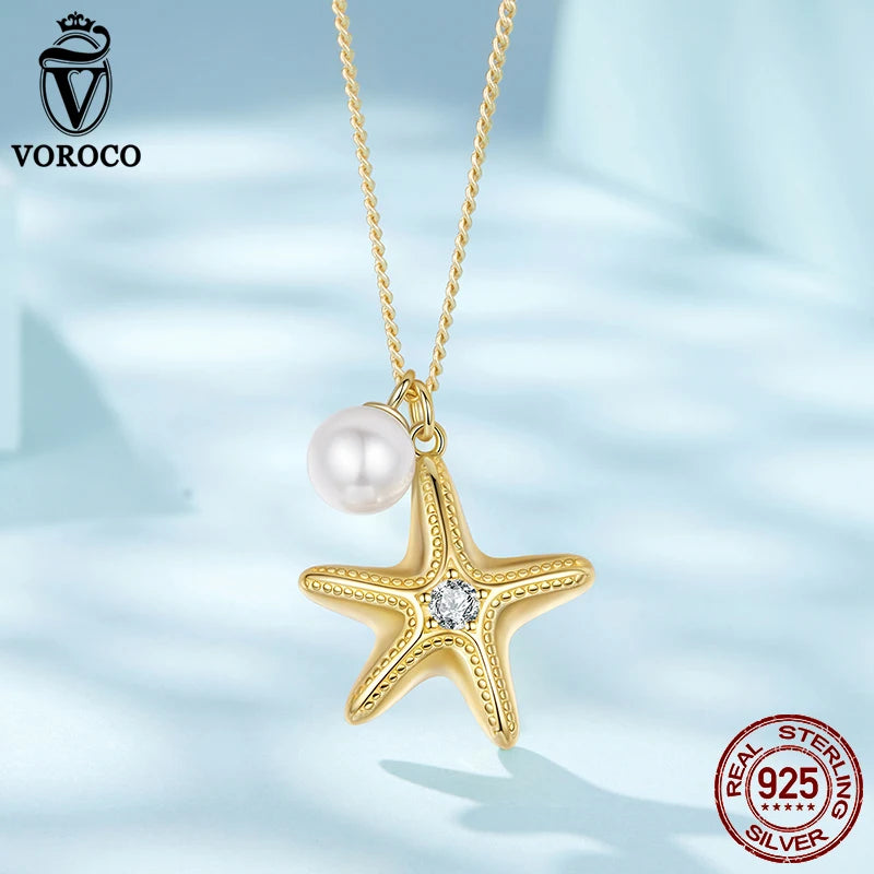 BISAER 925 Sterling Silver Starfish Pearl Pendant Adjustable Chain Plated 14K Gold for Woman Party Summer Beach Fine Jewelry