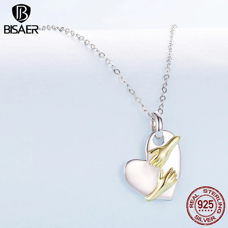 BISAER 925 Sterling Silver Hug Heart Pendant Necklace Adjustable Chain Plated White Gold for Women Party Fine Jewelry EFN441