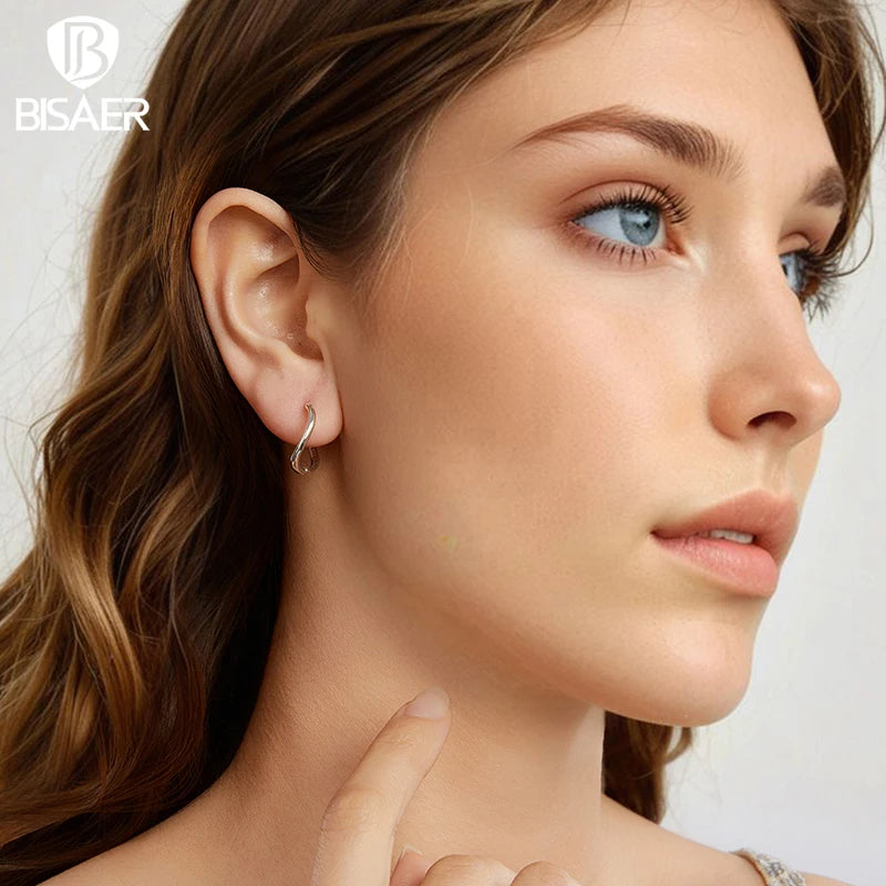 BISAER 925 Sterling Silver Minimalist Waves Hoop Earrings Simple Irregular Geometry Ear Hooks for OL Women Party Fine Jewelry