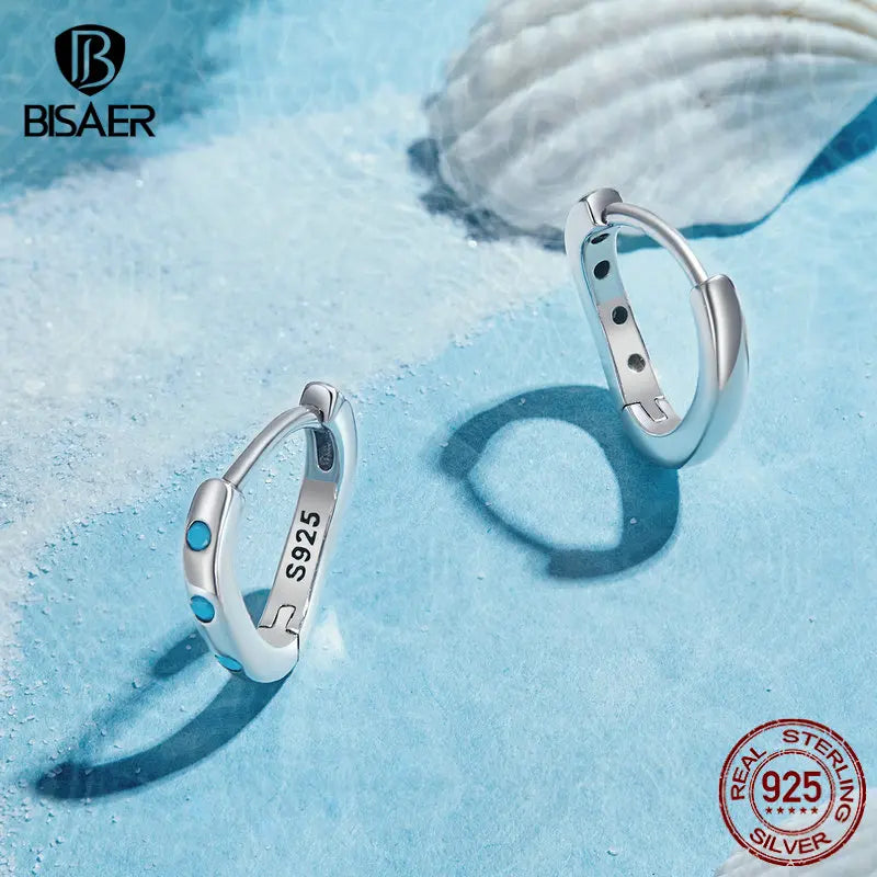 BISAER 925 Sterling Silver Blue Waves Hoop Earrings Turquoise Stud Earring For Women Party Original Fine Jewelry Holiday Gifts