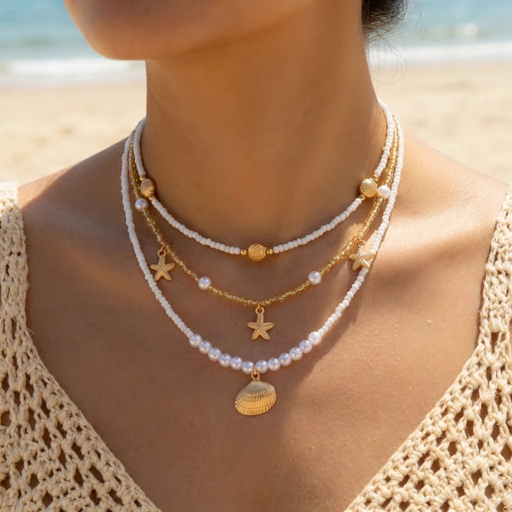 Bohemian Double Layer Seashell Necklaces For Women Handmade White Rice Beads Shell Short Collar Choker Beach Party Neck Jewelry