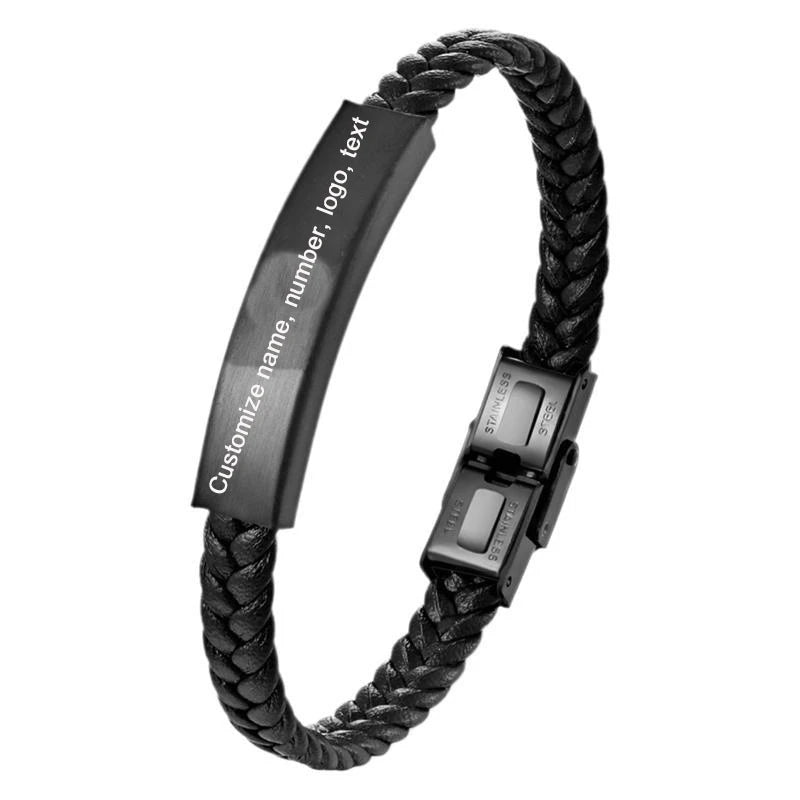 MKENDN Engrave Name Words Stainless Steel Bar Bracelets Braided Leather Metal Bangle Personalized Gift for Men Women