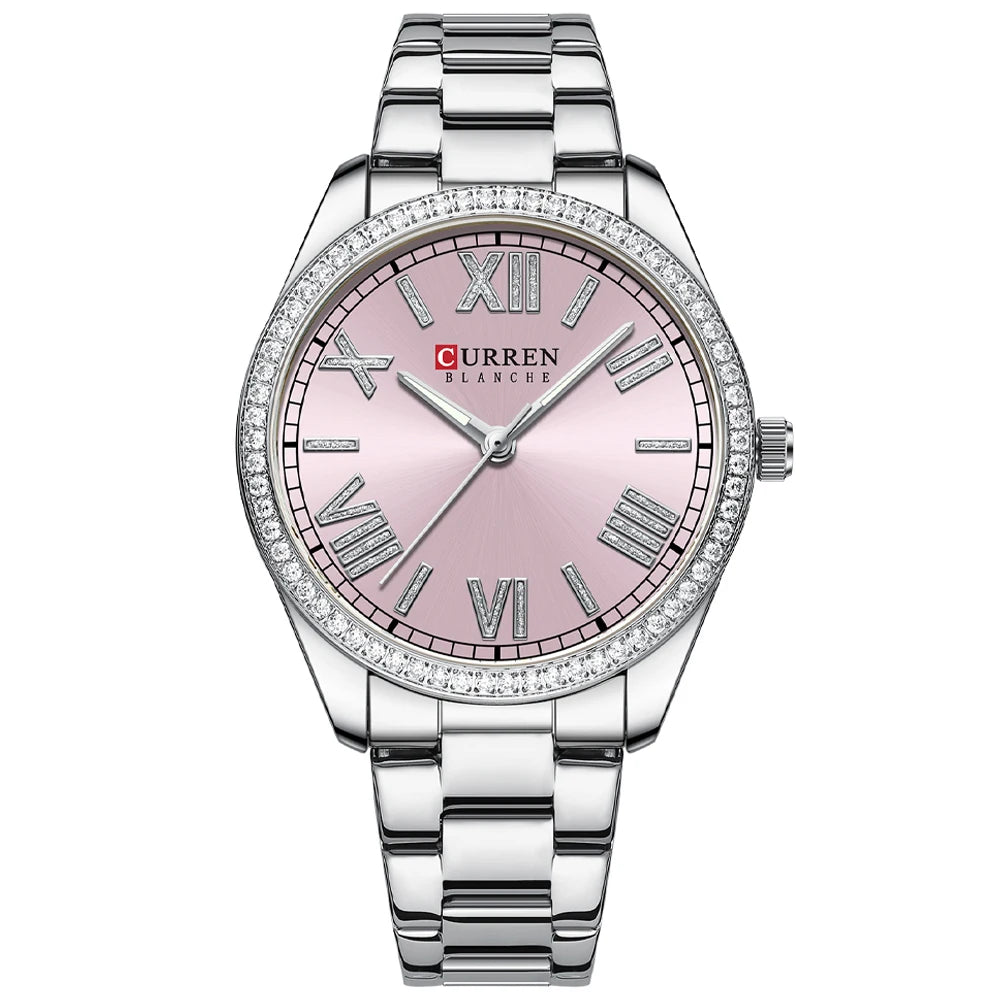 CURREN NEW Luxury Stainless Steel Wristwatches for Ladies Romantic Rose Pink with Rhinestones Roman Numeral Dial