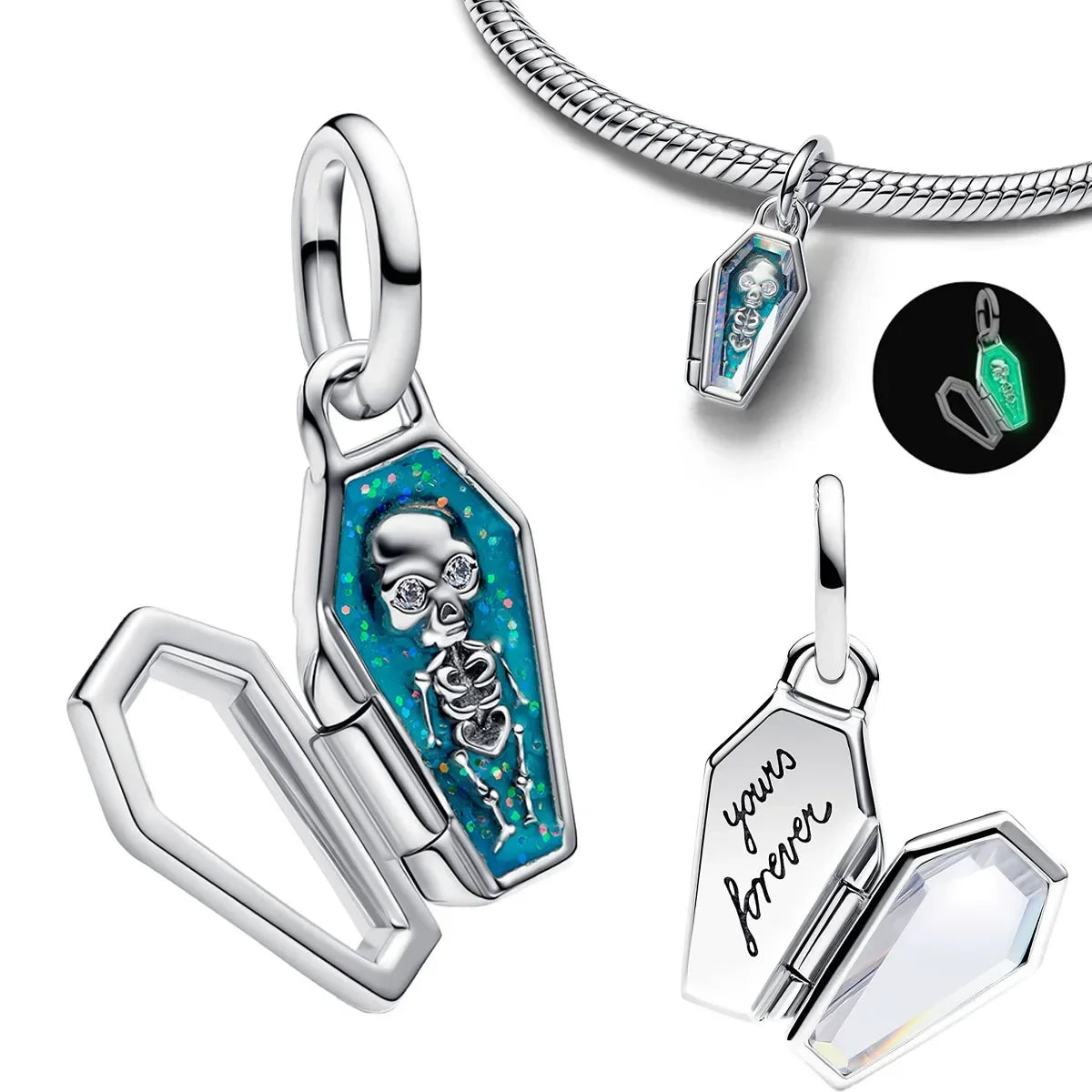 Halloween 925 Sterling Silver Skull Charm Luminous Pumpkin Bat Ghost Coffin Bead Pendant Ring Necklace Bracelet DIY Jewelry Gift