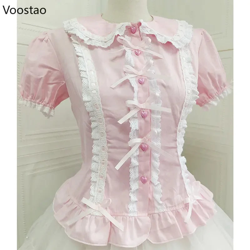 Lolita Shirt Women Preppy Style Bow Slim Blouses Cute Peter Pan Collar Lace Ruffles JK Shirts Girl Puff Sleeve Blusas Mujer Tops - Madeinsea©