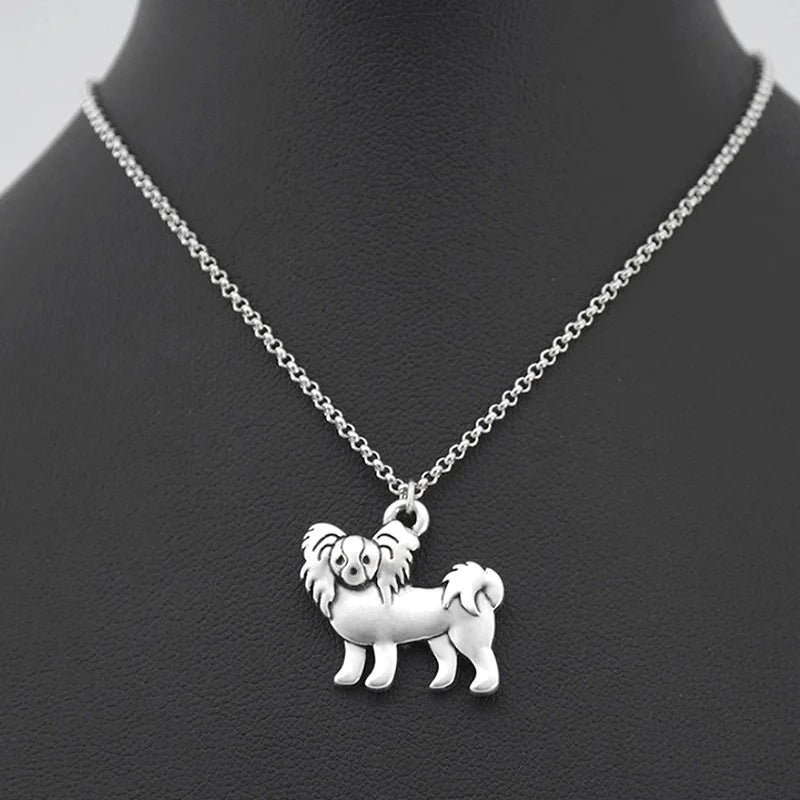 Retro Silver Color Chow Chow&Papillon Pendant Necklace Women Stainless Steel Long Chains Pekingese Dog Necklaces For Men Jewelry