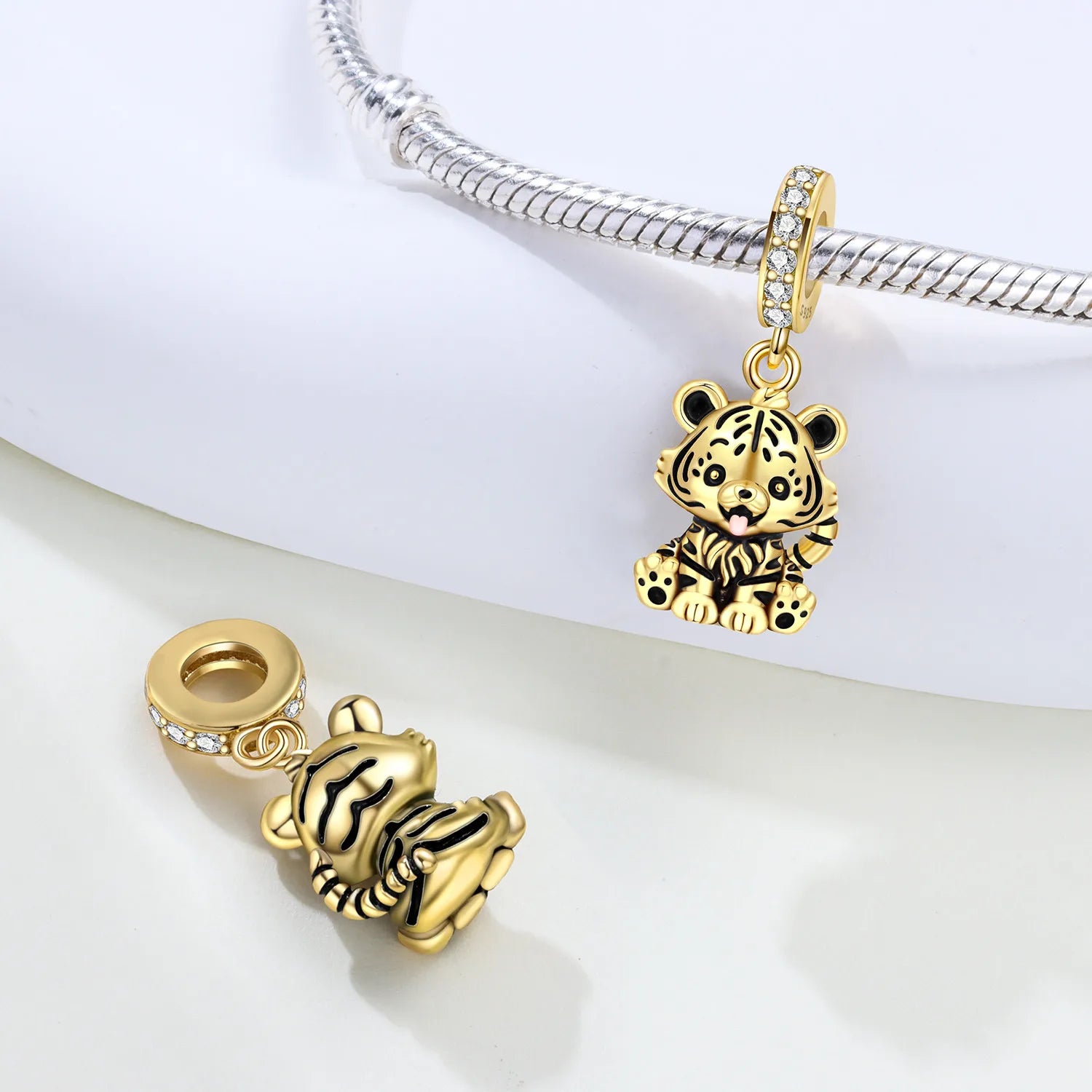 PANPOKI 925 Sterling Silver Cute Little Tiger Animal Pendants Bracelet Charms Fit Women Jewelry Party Beads DIY Trendy Gifts