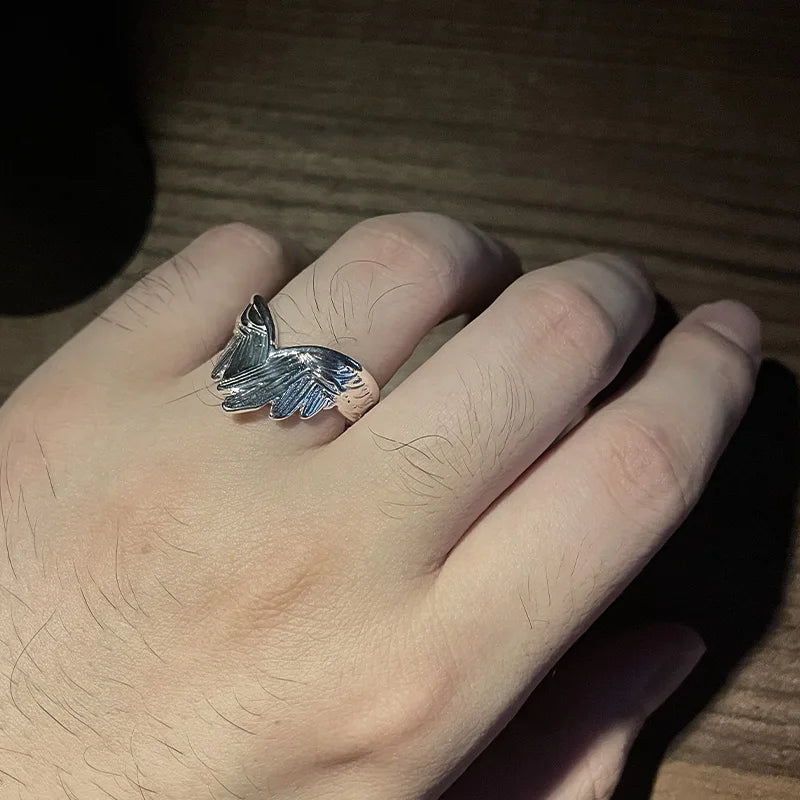 Bague ailes d'ange rétro pour femme, couleur argent, style punk gothique, bague ouverte ajustable, bijou de créateur fait main, accessoire unisexe, cadeau