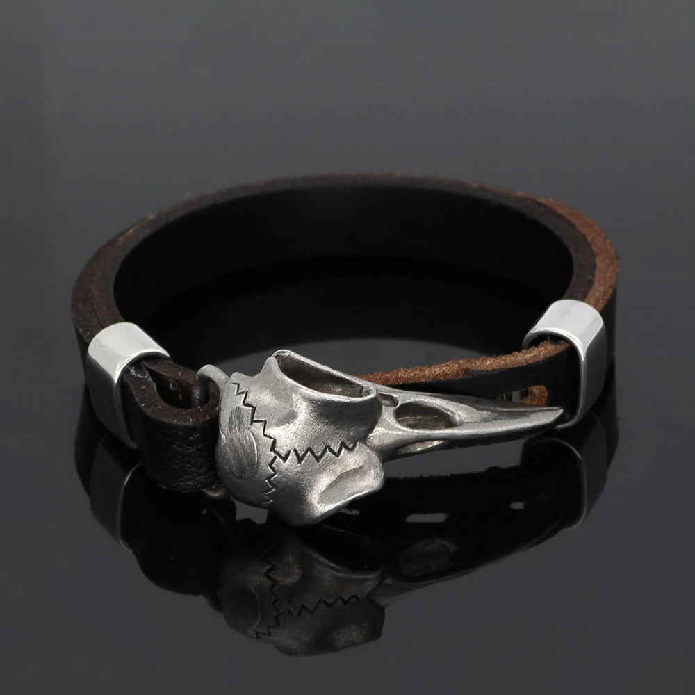 Fashion Vintage Stainless Steel Nordic Odin Crow Skull Bracelet Punk Men Viking Leather Amulet Bracelets Jewelry Gift Wholesale