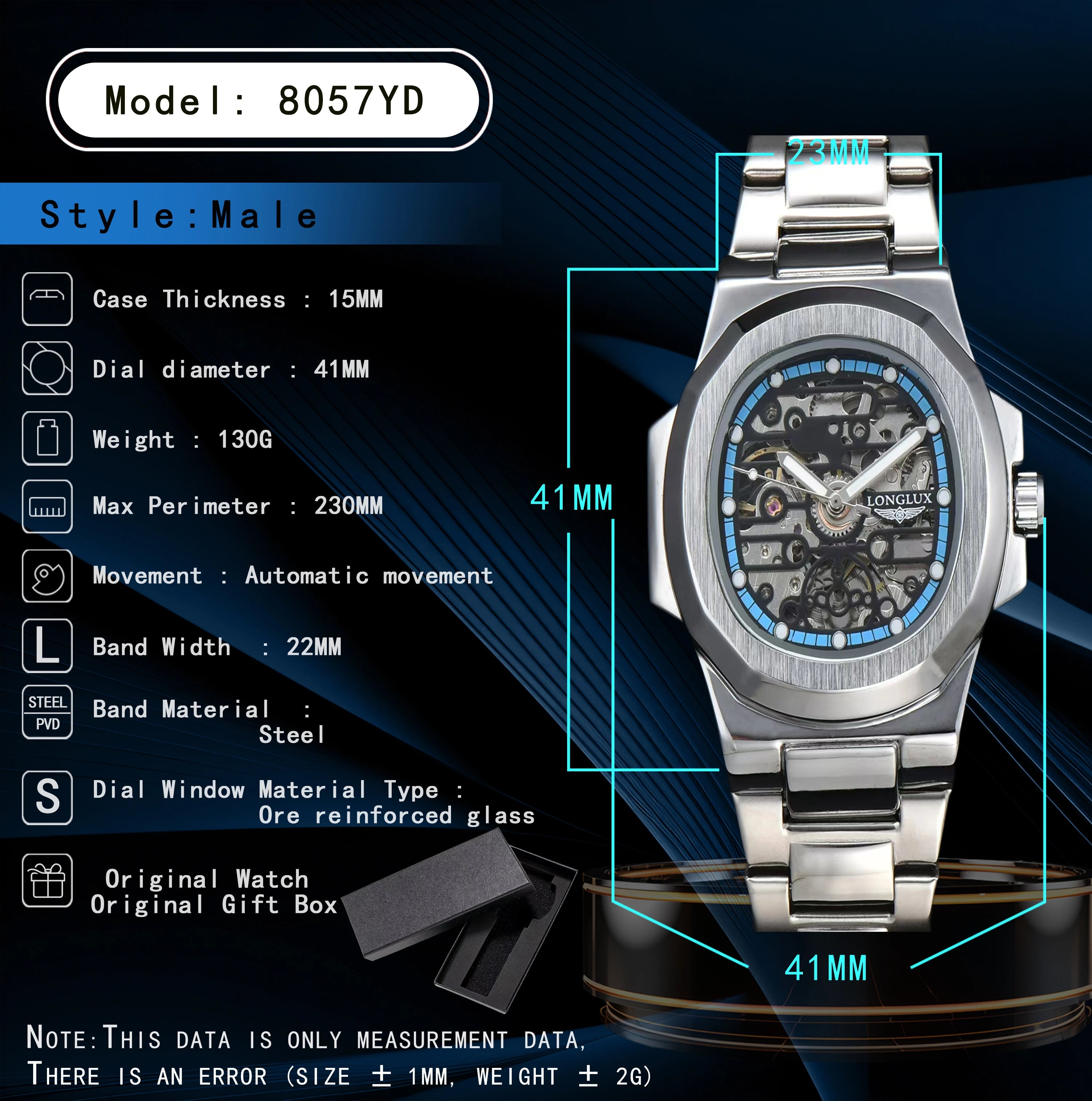LONGLUX automatic watch wholesale mechanical watches stainless steel skeleton waterproof men's luxury watch men gift