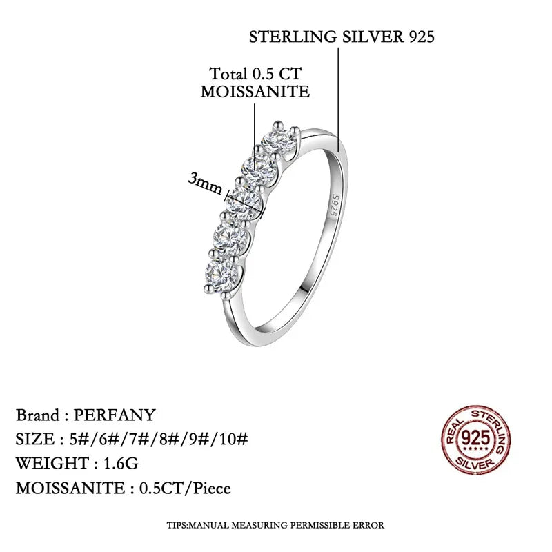 PERFANY 3mm All Moissanite Stackable Ring for Women S925 Pure Silver Laboratory Certified 5 Diamonds Wedding Jewelry - Madeinsea©
