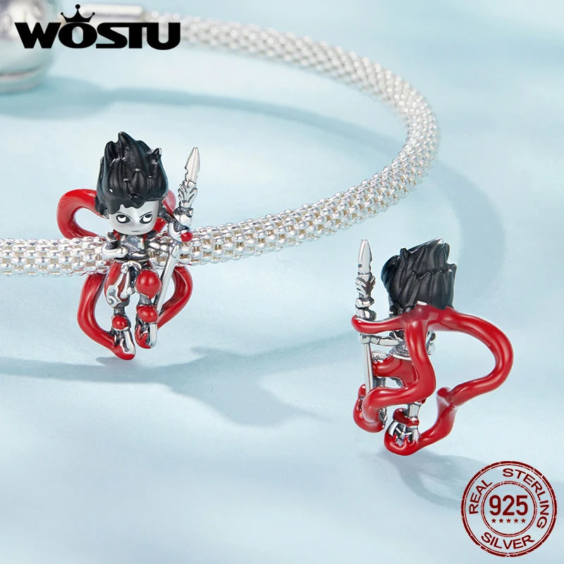 WOSTU 925 Sterling Silver Nezha Charm Little Sun Wukong Beads Red Heart Sword Charm for Woman Fit Bracelet Fine Jewelry DIY