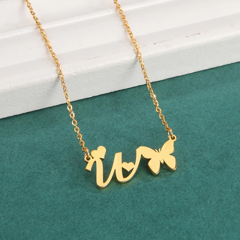 New Fashion 26 Initials Letter Pendant Butterfly Necklace for Women Elegant Stainless Steel Gold Color Necklace Jewelry Gift