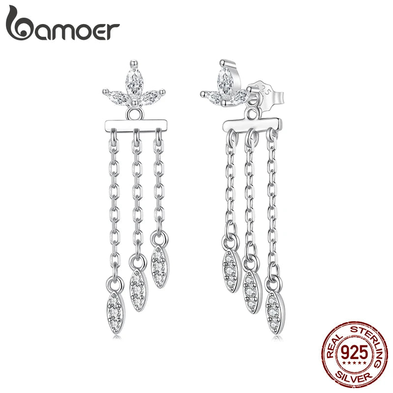 BAMOER 925 Sterling Silver Flower Tassel Stud Earrings Layered Front-Back Link Hook Earrings for Women Teen Elegant Jewelry Gift
