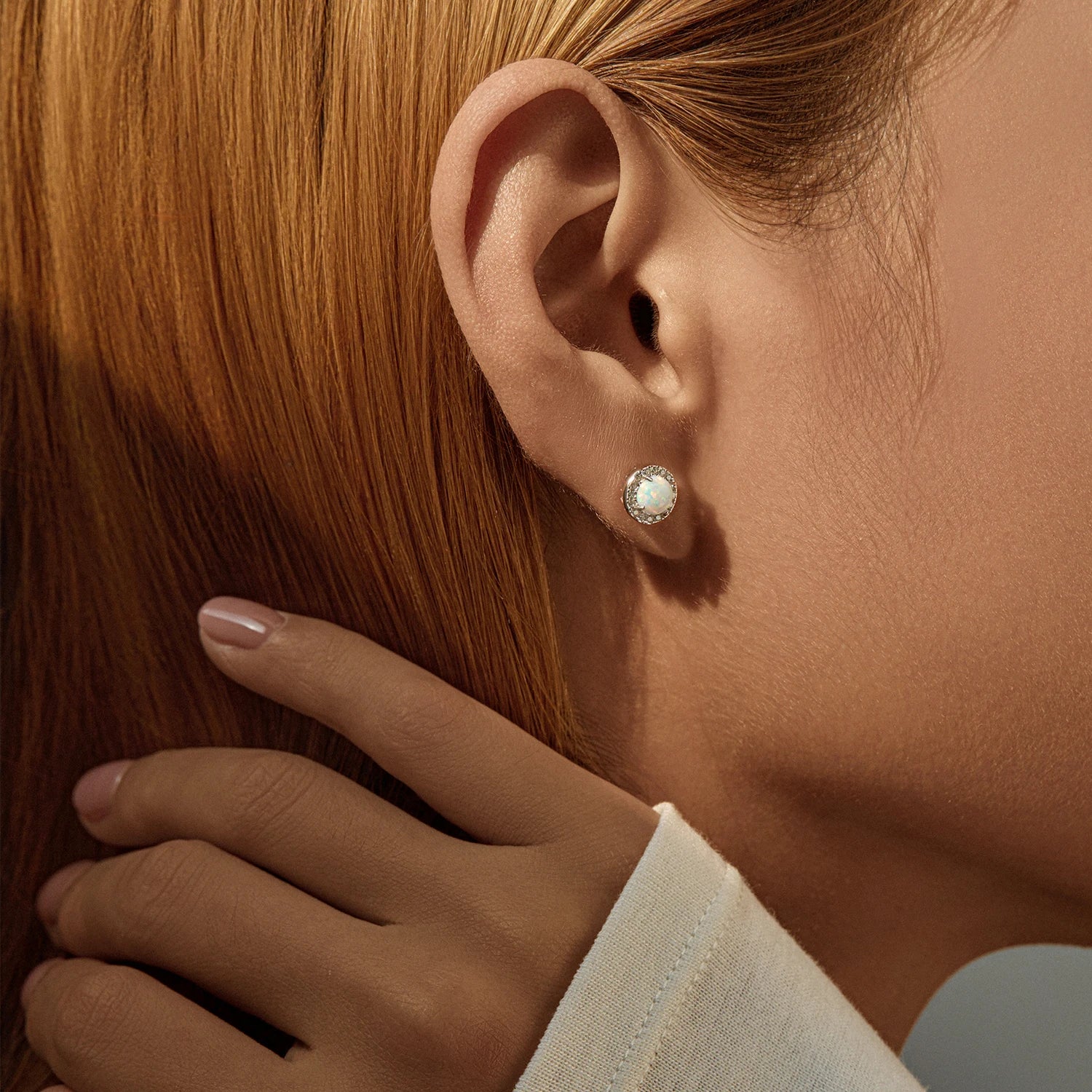 MODIAN Hepburn Style Jewelry Sets 925 Sterling Silver Elegant Round Opal Stud Earrings Thin Finger Rings For Women