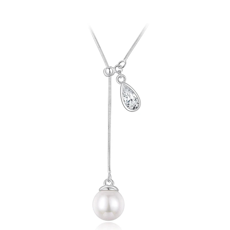 WOSTU 925 Sterling Silver Multi Layer Pearl Necklace For Women, Y-Shape CZ Pearl Pendant Elegant Valentine's Day Wedding Jewelry