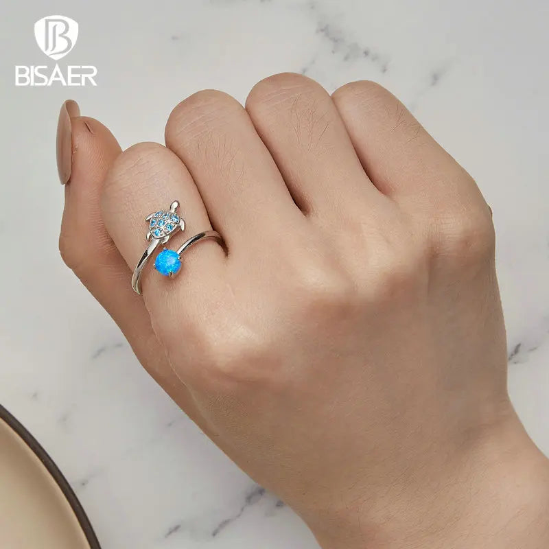 BISAER 925 Sterling Silver Turtle Open Rings Blue Opal Marine Animal Band Adjustable for Women Party Fine Jewelry Holiday Gifts