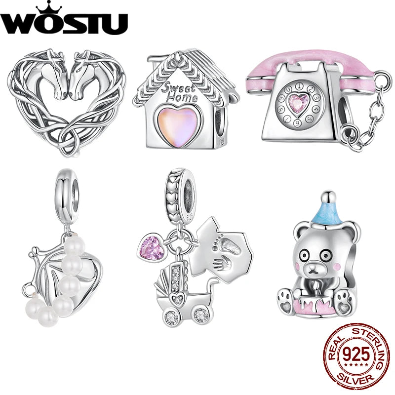 WOSTU 925 Sterling Silver Warm House Charm Baby Family Bear Pendant Love Cute Fit Original Bracelet&Necklace Fine Jewelry Gift