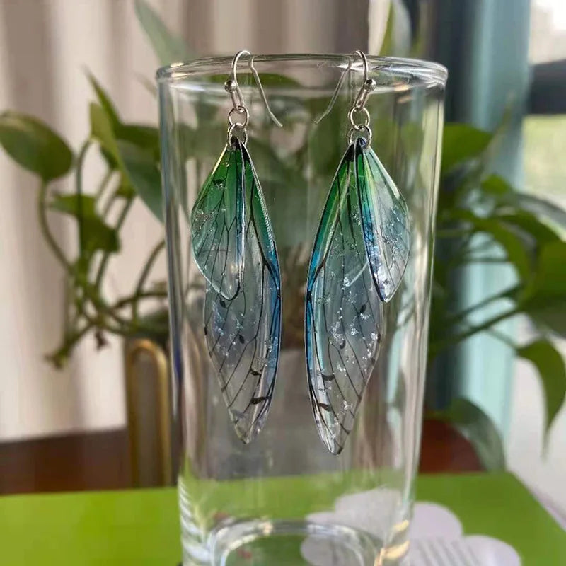 Minar Fairy Clear Gradient Resin Simulation Wings Butterfly Rhinestone Flake Long Dangle Earrings for Women Casual Party Jewelry