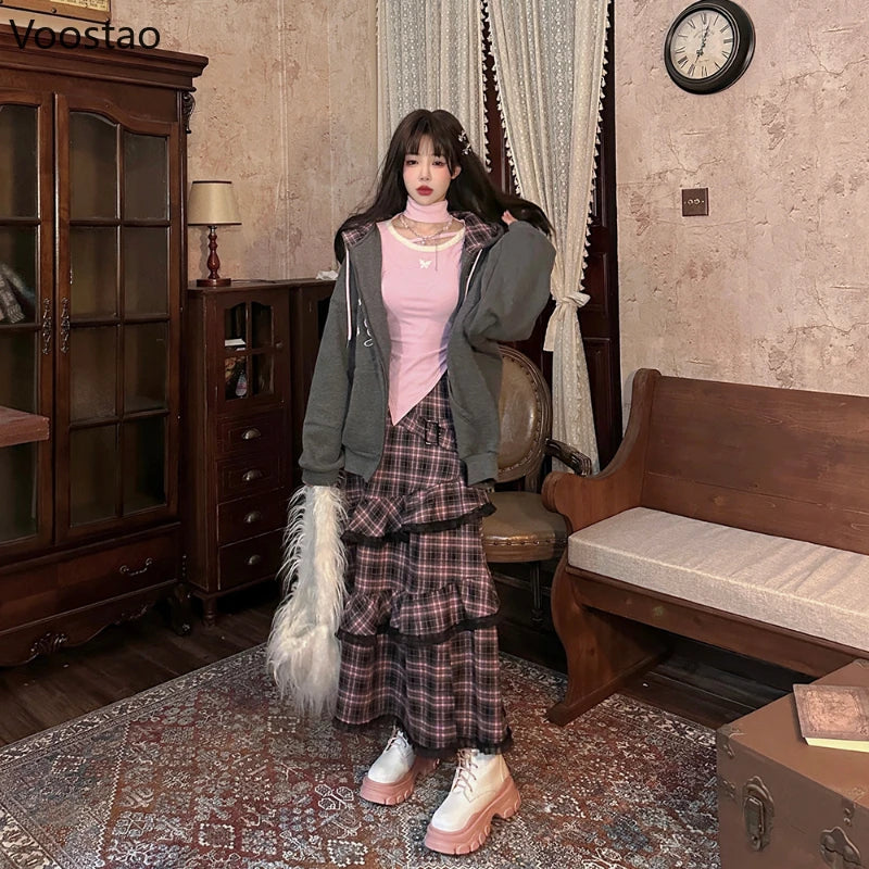 Harajuku Y2k Pink Black Plaid Skirt Women Casual Ruffles Patchwork Fairy Midi Skirts Korean Female Streetwear A-Line Cake Skirt