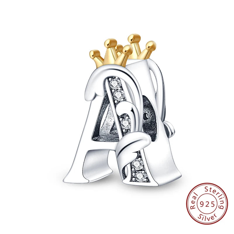 925 Sterling Silver 26 Alphabet A-Z Crown Letters Charms Bead Fit Original Bracelet Fine DIY Charm For Woman Anniversary Jewelry