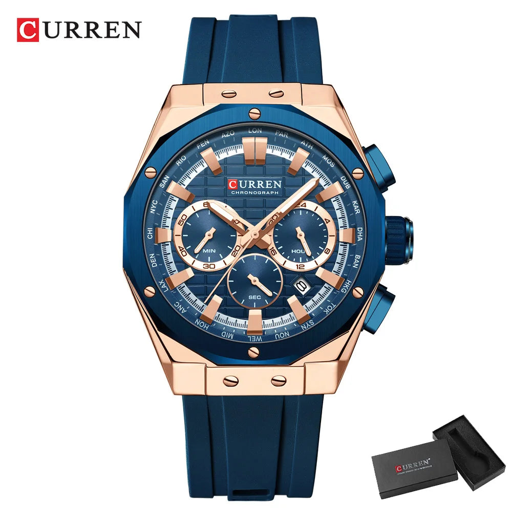 CURREN Casual Sports Quartz Watches for Men Silicone Band Business Chronograph Wristwatch with Date