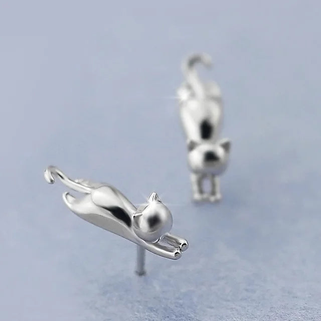 Ensemble de bijoux en argent sterling 925 (poinçon S925) : collier et boucles d'oreilles représentant un adorable chat. Cadeau idéal pour femme ou fille.