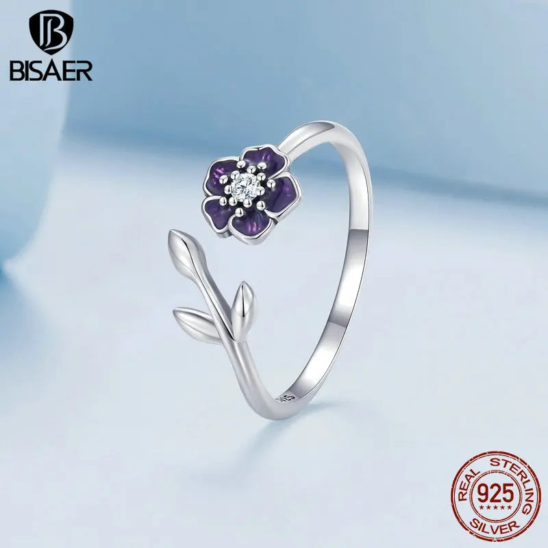 BISAER Real 925 Sterling Silver Purple Flower Adjustable Rings Size 6-9 Finger Ring for Elegant Women Party Fine Jewelry Gift