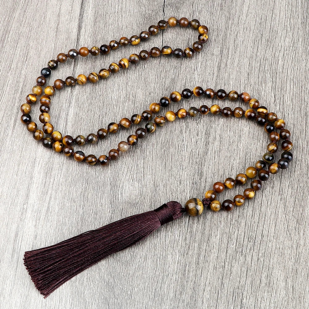 108 Mala Beaded Tassel Necklace Tiger Eyes Turquesa Meditation Yoga Jewelry Women Malachite Bohemian Ethnic Amazonite Necklace