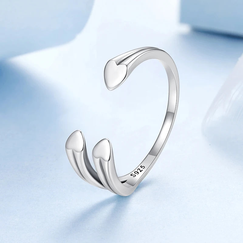 WOSTU 925 Sterling Silver Metal Love Heart Hoop Earrings Opening Ring For Women Engagement Jewelry Set Girl Bithday Jewelry Gift