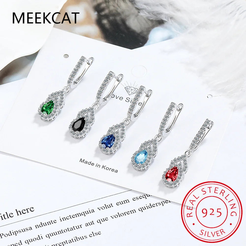 Pear Cut Blue Sapphire 925 Sterling Silver Water Drop Earrings for Women Gemstone Fine Jewelry Birthday Gift