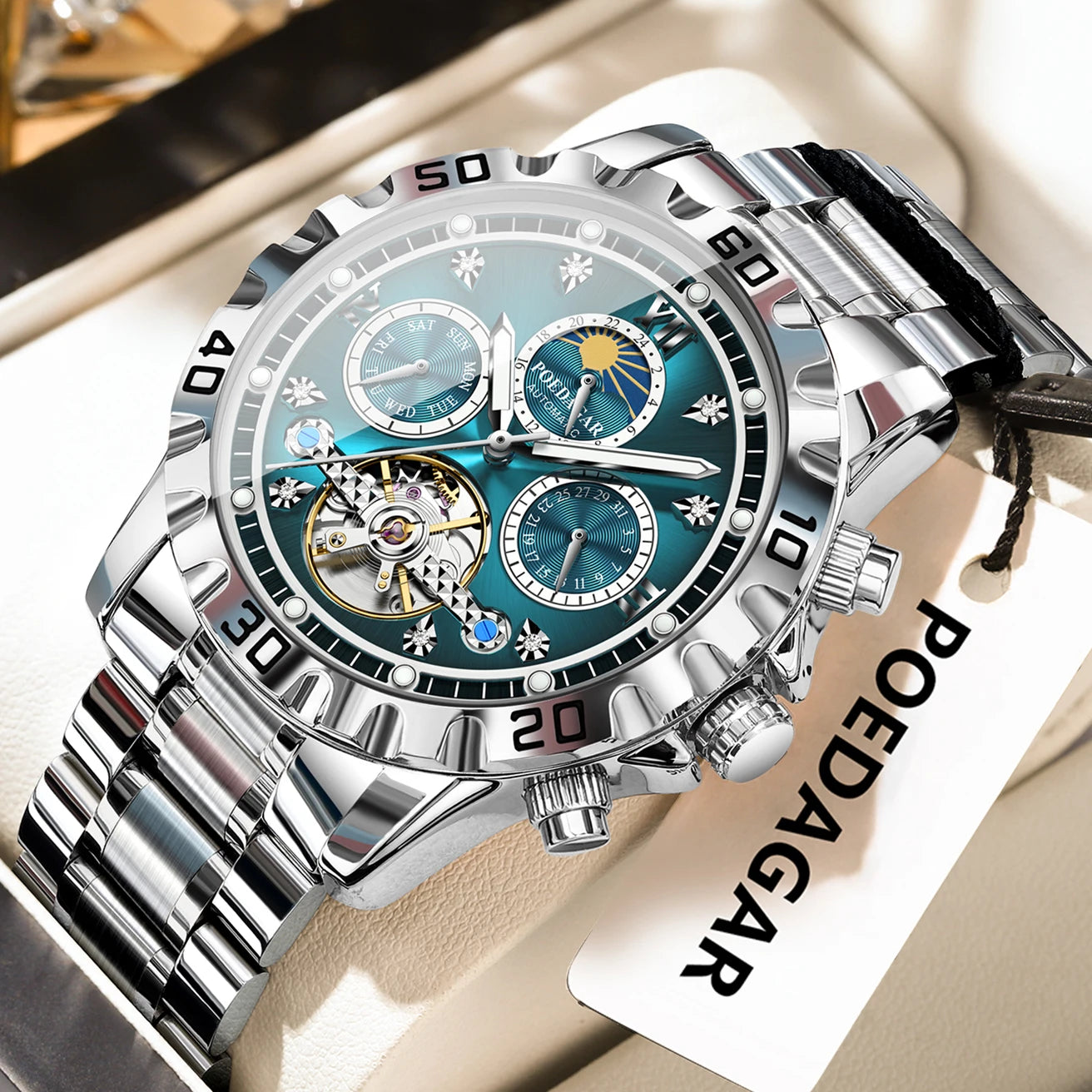 POEDAGAR Business Top Watch For Man Hollow Tourbillon Automatic Men's Watches Date Week Mechanical Stainless Steel Men Clock+Box